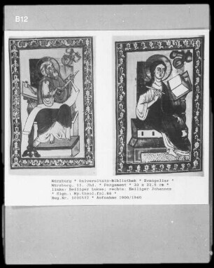Zwei Bildfelder eines Evangeliars: Der Evangelist Lukas und der Evangelist Johannes