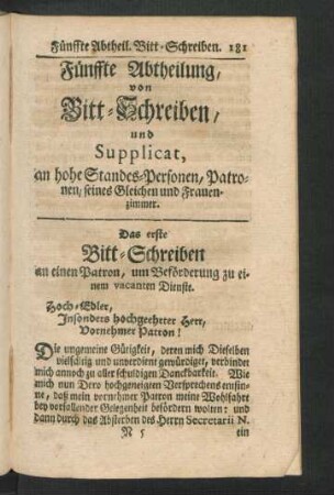 Fünffte Abtheilung, von Bitt-Schreiben, und Supplicat, an hohe Standes-Personen, ...