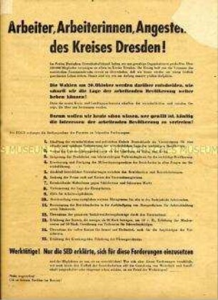 Forderung des FDGB in Dresden an die 1946 neu zu wählenden Kreis- und Landesparlamente; Liste gemeinsamer Kandidaten mit der SED; Aufruf zur Wahl der Liste
