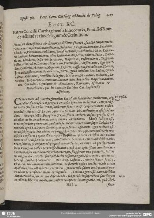 Epist. XC. Patres Concilii Carthagiensis Innocentio, Pontifici Rom. de actis adversus Pelagium & Coelestium
