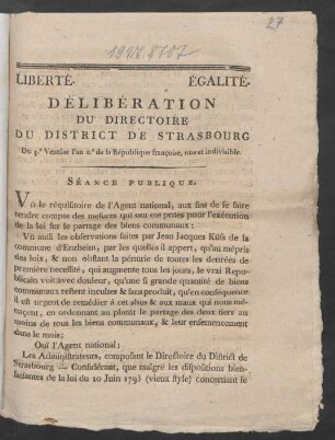 Délibération Du Directoire Du District De Strasbourg Du 4.e Ventôse l'an 2.e de la République françoise, une et indivisible : Séance Publique