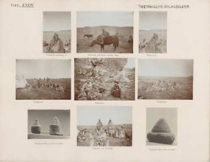 Tibetanische Volksbilder: links oben: Mongole am Hoang-ho Mitte oben: Tibetaner auf einem zahmen Yak rechts oben: Mongole links Mitte: Tibetaner Mitte Mitte: Tibetaner rechts Mitte: Tibetaner links unten: Tonpyramiden zu Kultuszwecken Mitte unten: Tibetaner mit Amulett rechts unten: Tonpyramide zu Kultuszwecken