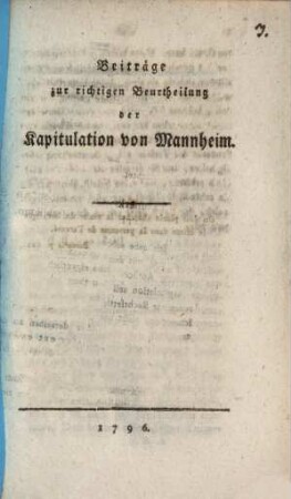 Beyträge zur richtigen Beurtheilung der Kapitulation von Mannheim