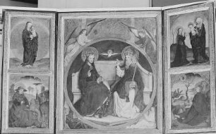 Mittelschrein: Dreifaltigkeit, Flügelinnenseiten: links Mondsichelmadonna und heiliger Hieronymus : Dittmannsdorf, Kirche, Flügelaltar mit der Dreifaltigkeit