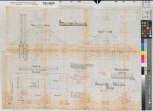 Vorhelm (Ahlen) Grube Alwine Maschinen- und Schachtgebäude Grundriß, Ansicht, Schnitt, Lageplan 1890 1 : 50/2500 57,5 x 79 Zeichnung Bergämter Nr. 5366