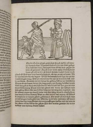 Der Kaufmann mit dem Sohn des Wirts an der Hand überführt den Wirt vor dessen Haus wegen der veruntreuten Eisenplatten; (Kapitel II: Von dem Löwen und dem Ochsen).