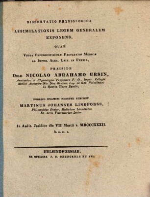 Dissertatio physiologica assimilationis legem generalem exponens
