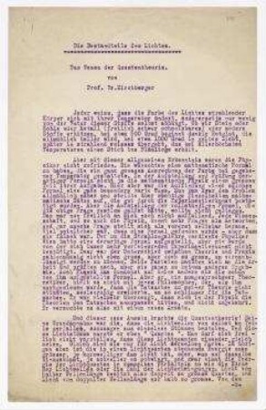 Die Bestandteile des Lichtes. Das Wesen der Quantentheorie von Prof. Dr. Kirchberger. Exzerpt von Raoul Hausmann. [Berlin]