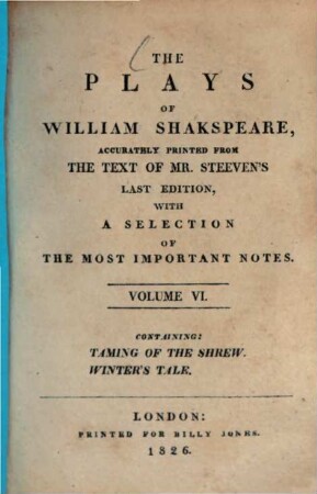The Plays of William Shakspeare, 6. Taming of the Shrew. Winter's Tale. - 348 S.