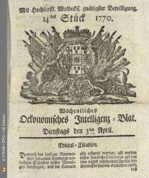14tes Stueck, Dienstags den 3ten April 1770