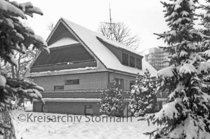 Mahlmannstraße / Neuhof: Bauruine: leerstehendes Haus vor Abriss: hinten rechts Hochhaus: vorn Garten mit Tannen: Winter