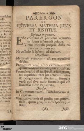 Parergon De Universa Materia Juris Et Justitiæ.