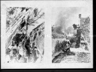 Luftaufnahme eines Ortes mit Gleisanlagen (links); Soldat von hinten in einer Ortschaft, im Hintergrund Feuer (rechts), 2. Weltkrieg