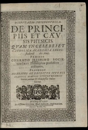 Disputatio Philosophica de principiis et causis physicis