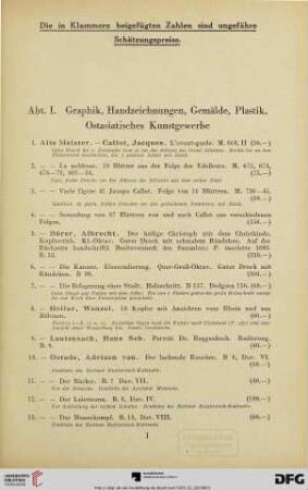 Abt. I. Graphik, Handzeichnungen, Gemälde, Plastik, Ostasiatisches Kunstgewerbe (Nr.1-190e)