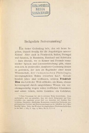 Friedrich Diez : sein Leben und Wirken ; Festrede gehalten zur Feier des hundersten Geburtstages am 3. März 1894