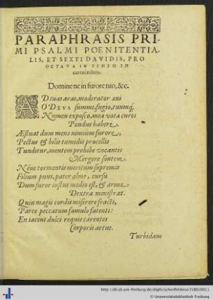 Paraphrasis Primi Psalmi Poenitentialis et Sexti Davidis.