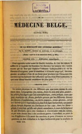Archives de la Médicine Belge : journal des sciences medicales, physiques et naturelles. 19/21 = A. 7. 1846