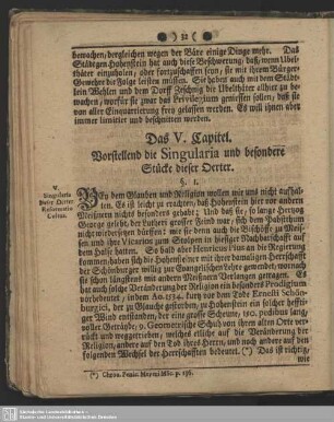 Das V. Capitel. Vorstellend die Singularia und besondere Stücke Oerter