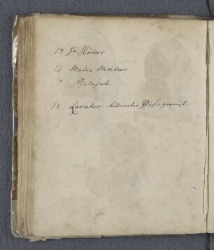 13. Hr. Müller. 14. Maler Müller Gelehrte. 15. Lavater. bekannter Phÿsiognomist.