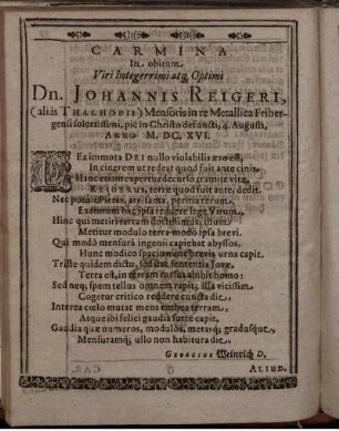 Carmina In obitum ... Dn. Johannis Reigeri ...