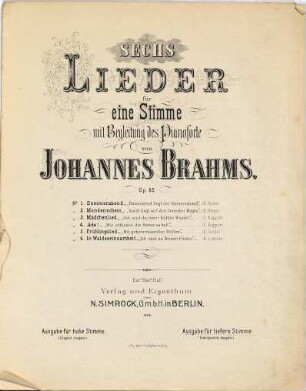 Sechs Lieder für eine Stimme mit Begleitung des Pianoforte : op. 85