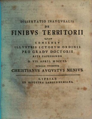Dissertatio Inauguralis De Finibus Territorii