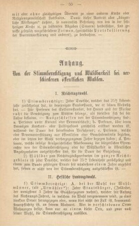Anhang. Von der Stimmberechtigung und Wählbarkeit bei verschiedenen öffentlichen Wahlen