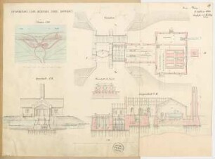 Entwässerung einer Niederung Monatskonkurrenz Februar 1874: Lageplan 1:1500, Grundriss, Längsschnitt, Querschnitt; 1:150, 2 Maßstabsleisten