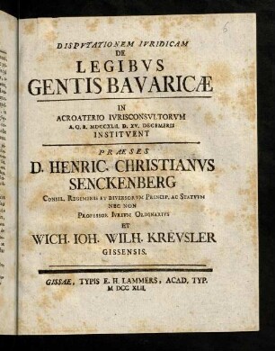 1-16, Dispvationem Ivridicam De Legibvs Gentis Bavaricae.
