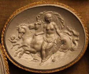 Amphitrite, auf zwei Hippokampen reitend, von einem Amor und Delphin begleitet (Daktyliothek, Das Alterthum nach Lippert und Visconti)