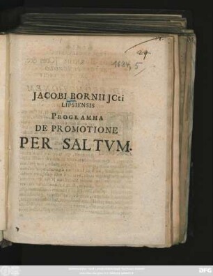 Jacobi Bornii ICti Lipsiensis Programma De Promotione Per Saltum