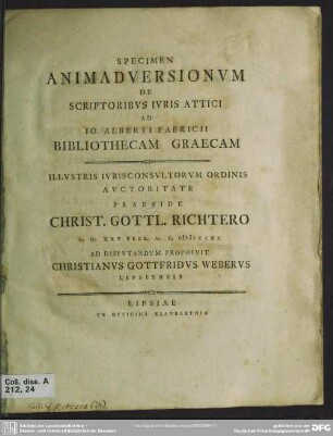 Specimen Animadversionum De Scriptoribus Iuris Attici Ad Jo. Alberti Fabricii Bibliothecam Graecam