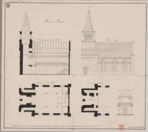 Rogsen (Rogoziniec), ehemals Kreis Meseritz, Regierungsbezirk Posen (Województwo Lubuskie). Entwurf zur evangelischen Kirche. Zwei Grundrisse, Seitenansicht, Längsschnitt und Orgel