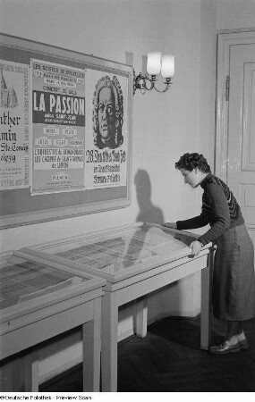 Porträt einer Besucherin an einer Ausstellungsvitrine