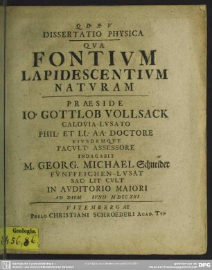 Dissertatio Physica Qua Fontium Lapidescentium Naturam