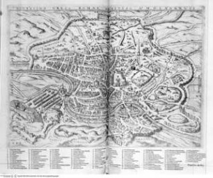 Romanae urbis topographiae & antiquitatum, qua succincte & breviter describuntur omnia quae tam publice quam privatim videntur anim-adversione digna / Iano Iacobo Boissardo. Tabula chorographica totius Italiae, figurae aliquot eleganter in aere incisae Theodoro de Bry1. Band, 2. TeilNovissima Urbis Romae Descriptio A. MDLXXXXVII - Romanae urbis ... (1. Band, 1. und 2. Teil)