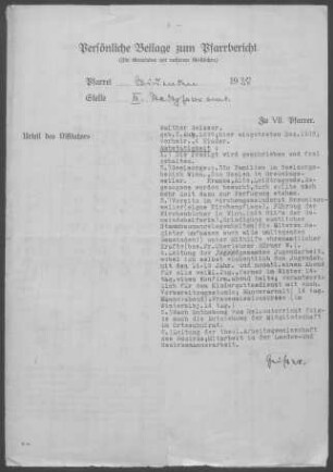 Winnenden mit Breuningsweiler und Hanweiler: Persönliche Beilage des 3. Stadtpfarrers zum (nicht vorhandenen) Pfarrbericht 1938
