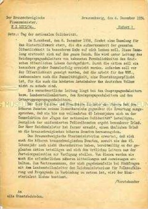Innerbehördliches Schreiben des Braunschweigischen Staatsministeriums zum "Tag der nationalen Solidarität"