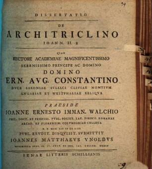 Dissertatio De Architriclino : Ioann. II, 8.