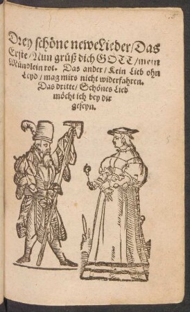 Drey schöne newe Lieder/ Das || Erste/ Nun grüß dich GOTT/ mein || Mündlein rot. Das ander/ Kein Lieb ohn || Leyd/ mag mirs nicht widerfahren.|| Das dritte/ Schönes Lieb || möcht ich bey dir || geseyn.||