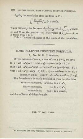 Some elliptic function formulae.