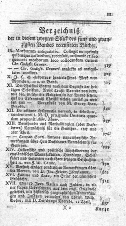 Verzeichniß der in diesem zweyten Stück des fünf und zwanzigsten Bandes recensirten Bücher.