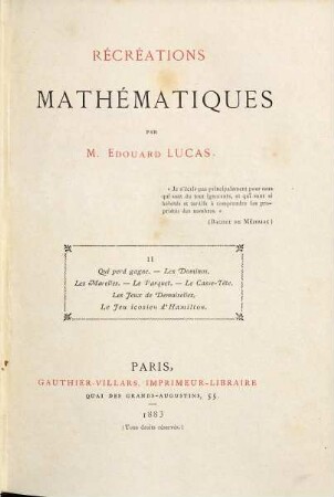 Récréations mathematiques, 2