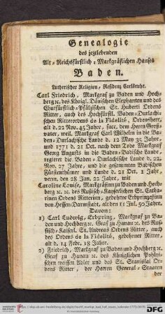 Genealogie des jeztlebenden Alt = Reichsfürstlich = Markgräflichen Hauses Baden