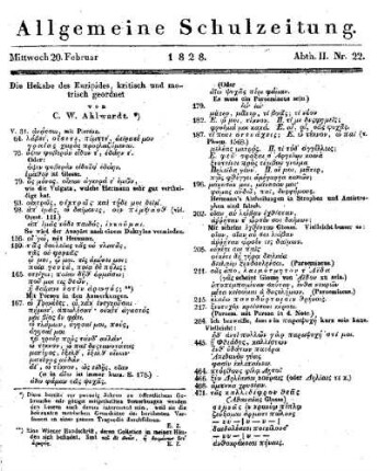 Die Hekable des Euripides, kritisch und metrisch geordnet von C. W. Ahlwardt
