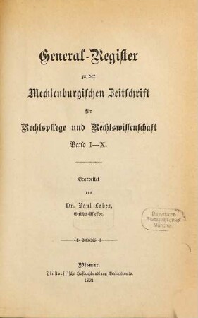 Mecklenburgische Zeitschrift für Rechtspflege, Rechtswissenschaft, Verwaltung. [10,a]