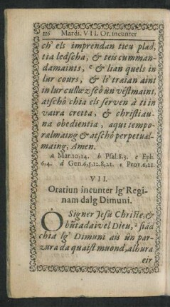 VII. Oratiun incunter lg' Reginam dalg Dimuni.