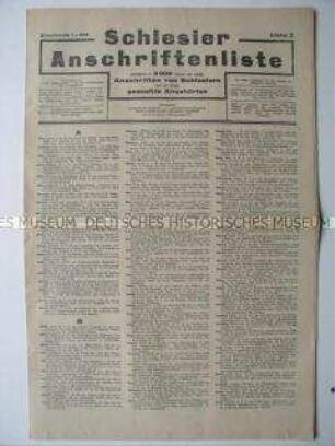 Liste mit den aktuellen Anschriften ehemaliger Bewohner Schlesiens