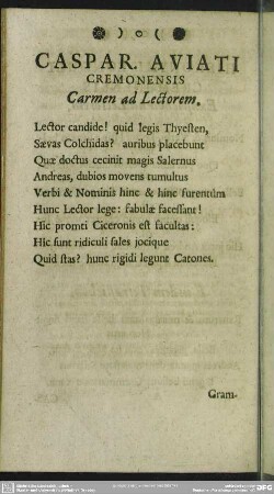 Caspar. Aviati Cremonensis Carmen ad Lectorem
